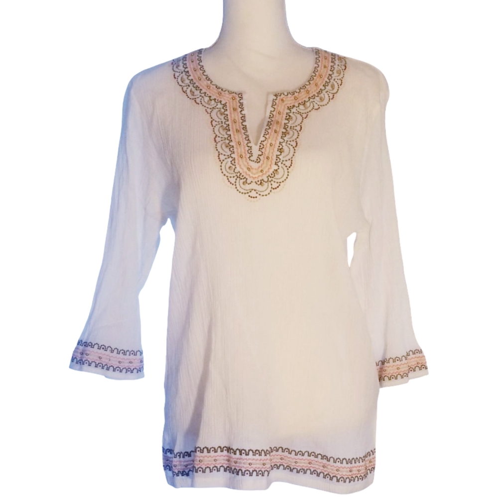 Samantha Grey White and Tan Embroidered Women's Crinkle Tunic
